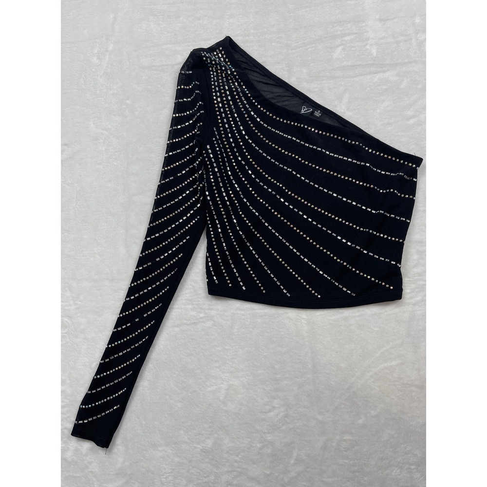 Windsor Black Rhinestone One Shoulder Mesh Crop Top T6357 Women Small Party Glam
